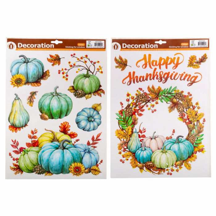 Two Halloween-themed sticker sheets on a white background. The left sheet features autumn pumpkins, gourds, acorns, and sunflowers under the 'Decoration' brand.