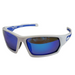 Streamside Tremor Polarized Sunglasses with white wrap-around frame and mirrored Revo Blue lenses, designed for glare reduction and UV protection in outdoor environments.