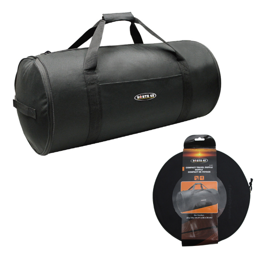 Black duffel bag with a smaller image of the bag in packaging on a white background