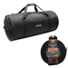 Black duffel bag with a smaller image of the bag in packaging on a white background