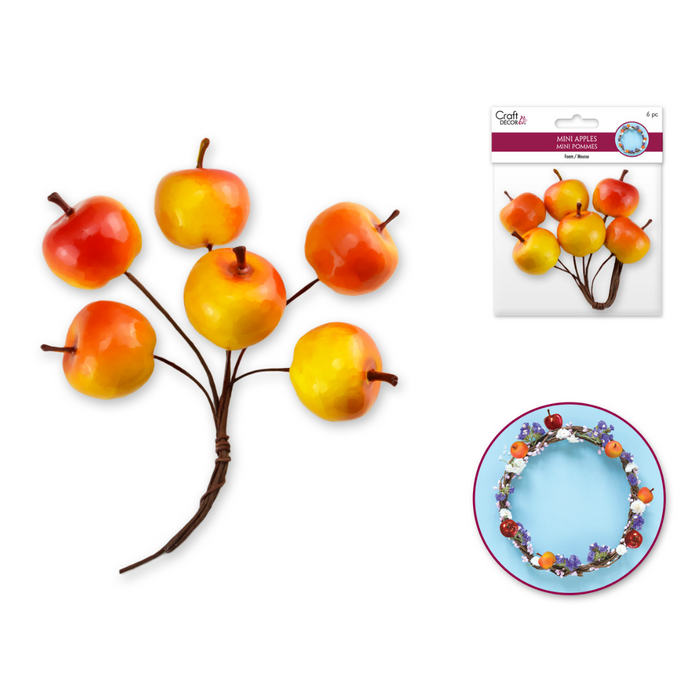 Glossy yellow and orange foam mini apples with brown stems, bundled together on wire for crafting or floral décor.