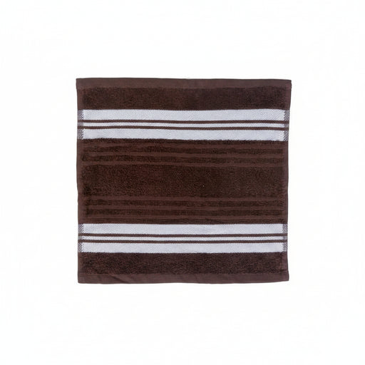 A square brown bath towel with horizontal white and dark brown stripes, displayed flat against a white background.