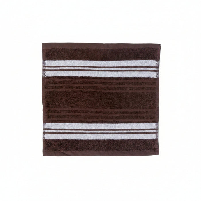 A square brown bath towel with horizontal white and dark brown stripes, displayed flat against a white background.