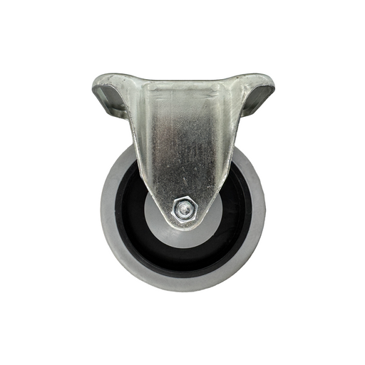 Caster wheel with metal mounting bracket on a white background