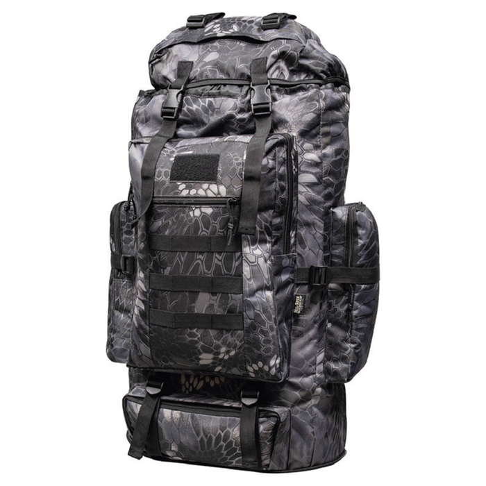 Tactical backpack with camouflage pattern on a white background