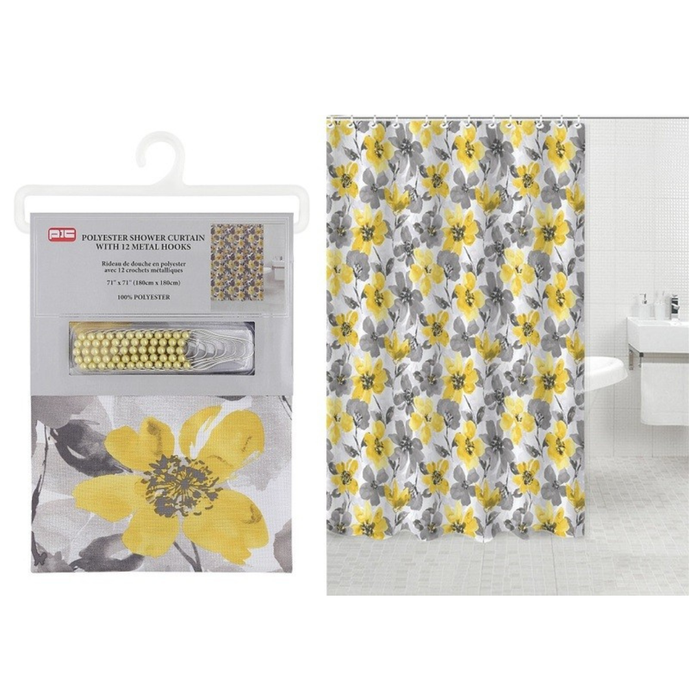 POLY SHOWER CURTAIN W/METAL HOOKS - YELLOW/GRAY