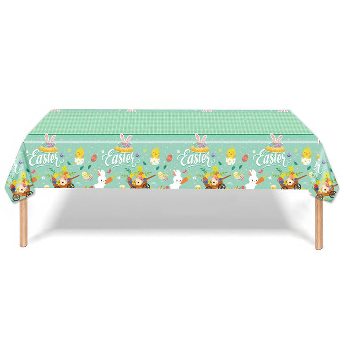 Easter-themed tablecloth with bunnies and eggs on a green checkered background