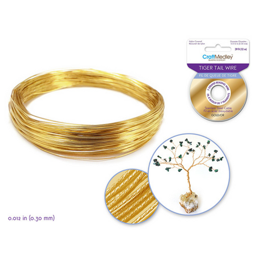 Coil of gold 7-strand tiger tail beading wire with packaging and a close-up of the wire strands. Inset shows a wire tree sculpture created with the wire.