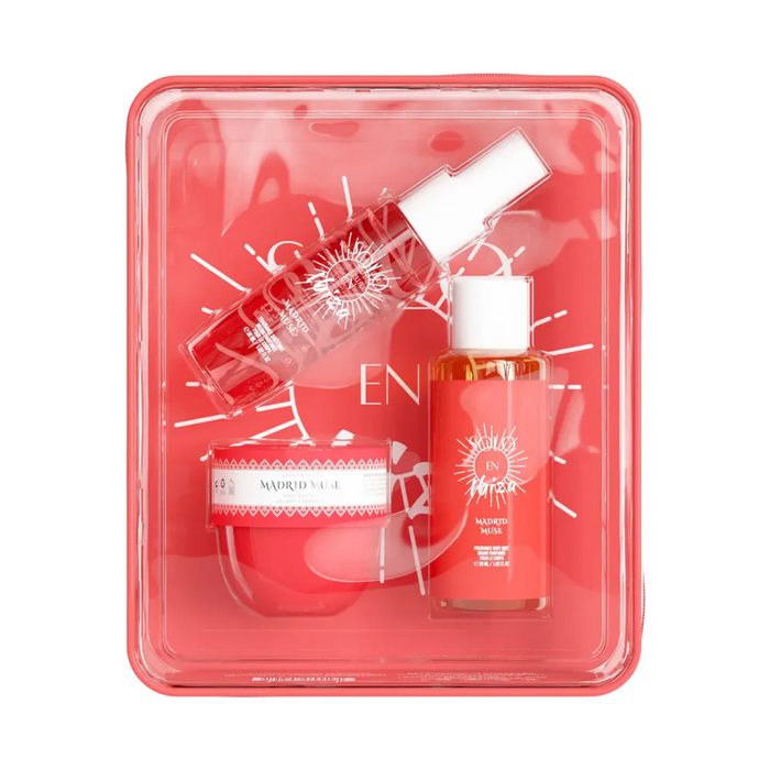 Skincare product set with a red and white design on a white background