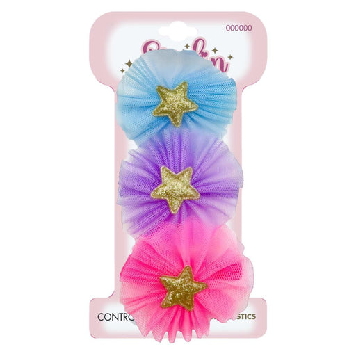 Set of three colorful hair accessories with star decorations on a pink card.