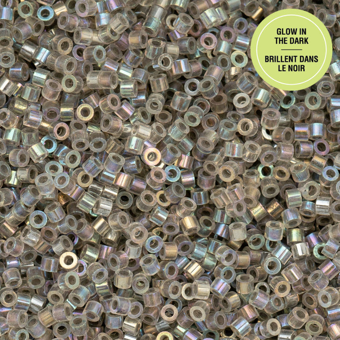 Close-up of glow-in-the-dark beads with a label indicating 'Glow in the Dark'.