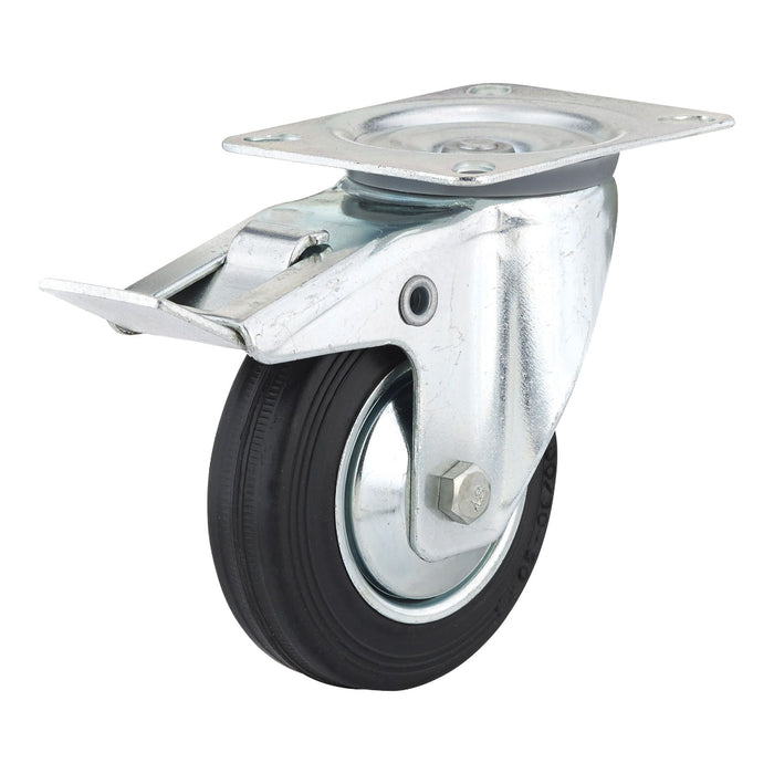 Metal caster wheel with black rubber tire on a white background
