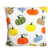 A square white throw pillow featuring a colorful pattern of hand-drawn autumn pumpkins in orange, yellow, green, and blue, with brown stems and curls, shown against a plain white background.