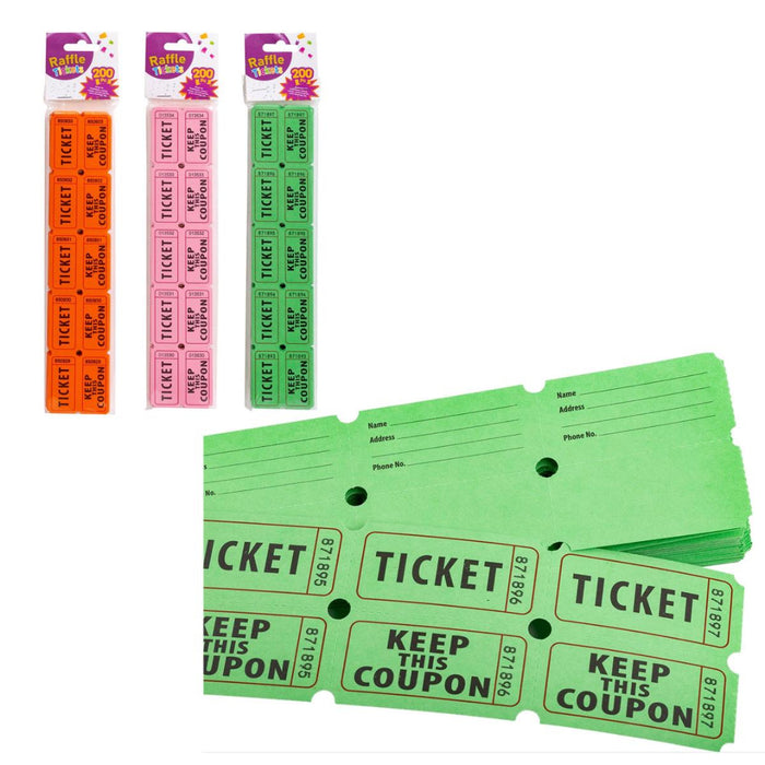 Green raffle tickets with red, pink, and green packages on a white background
