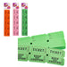 Green raffle tickets with red, pink, and green packages on a white background