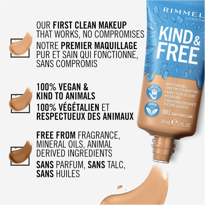 Rimmel London Kind & Free Moisturising Skin Tint Foundation in a 30 ml tube, shown on a white background with product benefits in English and French, and a beige foundation smear and liquid splash.