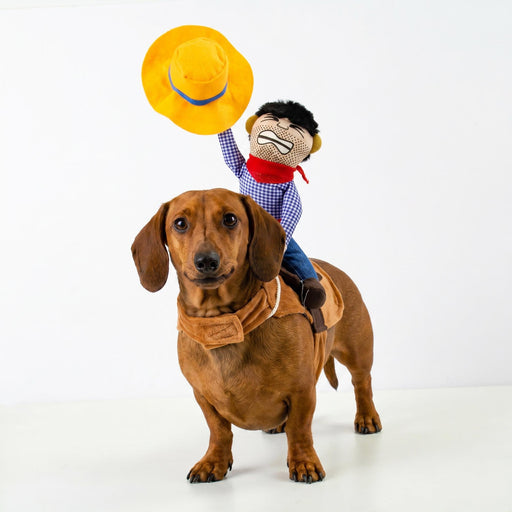 A brown dachshund stands on a white studio background wearing a tan cowboy saddle and matching bandana, while a small cowboy doll sits on its back holding a yellow hat above its head.