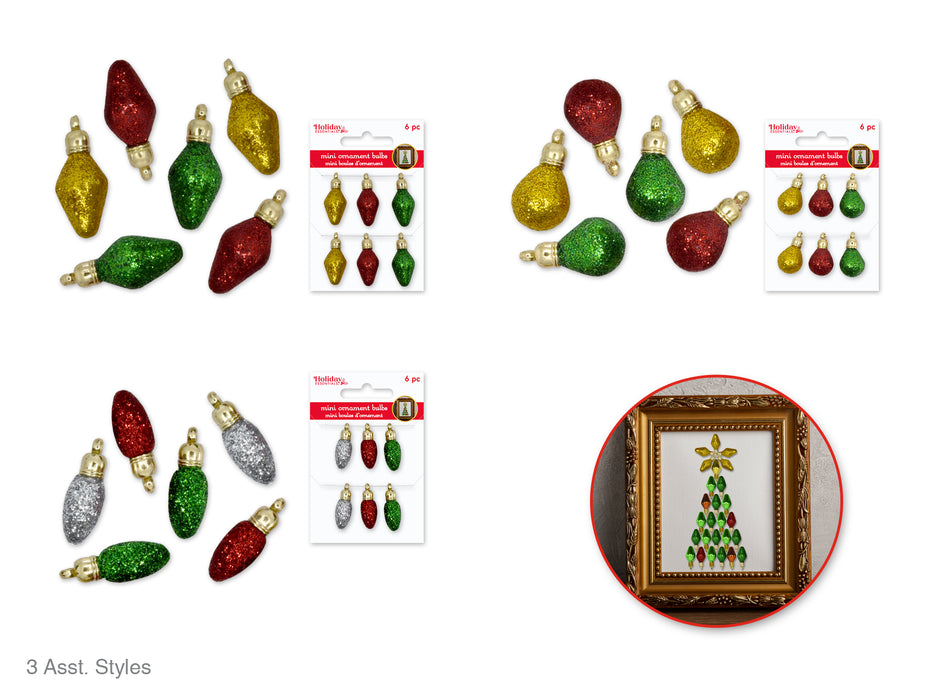 ASSORTED HOLIDAY DECOR: MINI GLITTER ORNAMENT BULB 6PC