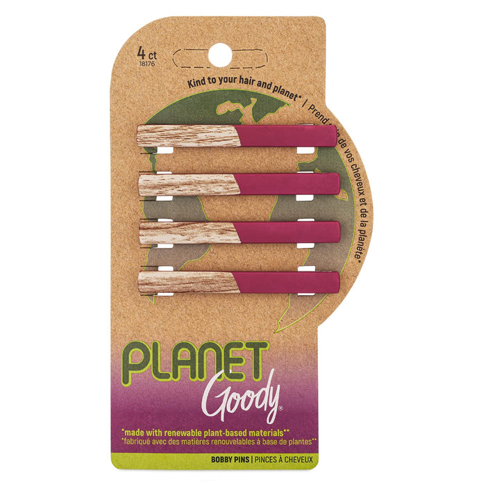 Package of four Planet Goody bobby slides. Each slide has a natural woodgrain finish paired with a solid burgundy accent. The packaging is eco-friendly kraft paper with green and purple graphics.