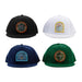Four hats in black, white, navy, and green with embroidered designs on a white background