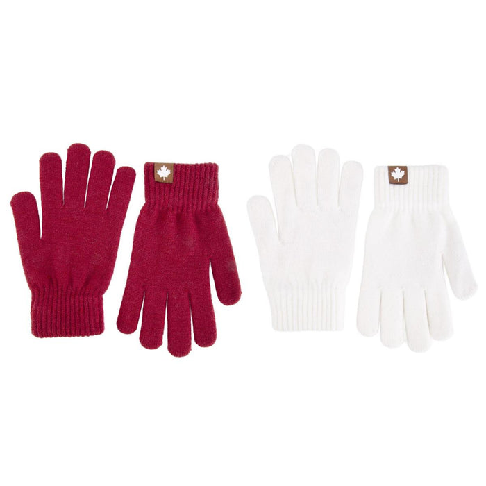 Two pairs of knit winter gloves on a white background, one pair in deep burgundy and one pair in white. Each pair includes a ribbed cuff and a small square brown patch with a maple leaf logo.