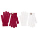 Two pairs of knit winter gloves on a white background, one pair in deep burgundy and one pair in white. Each pair includes a ribbed cuff and a small square brown patch with a maple leaf logo.