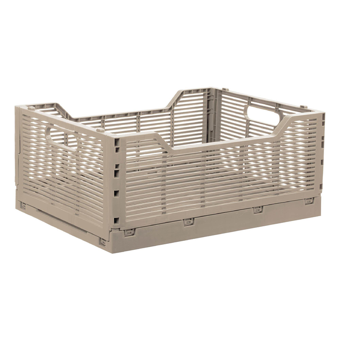 Beige storage crate with slatted design on a white background
