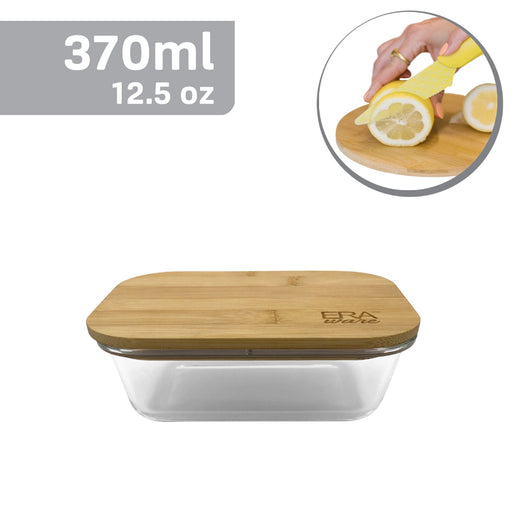 A clear glass rectangular container with a bamboo lid, alongside a depiction of the container being used to hold lemon slices.