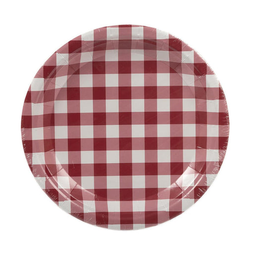 Red and white checkered paper plate on a white background