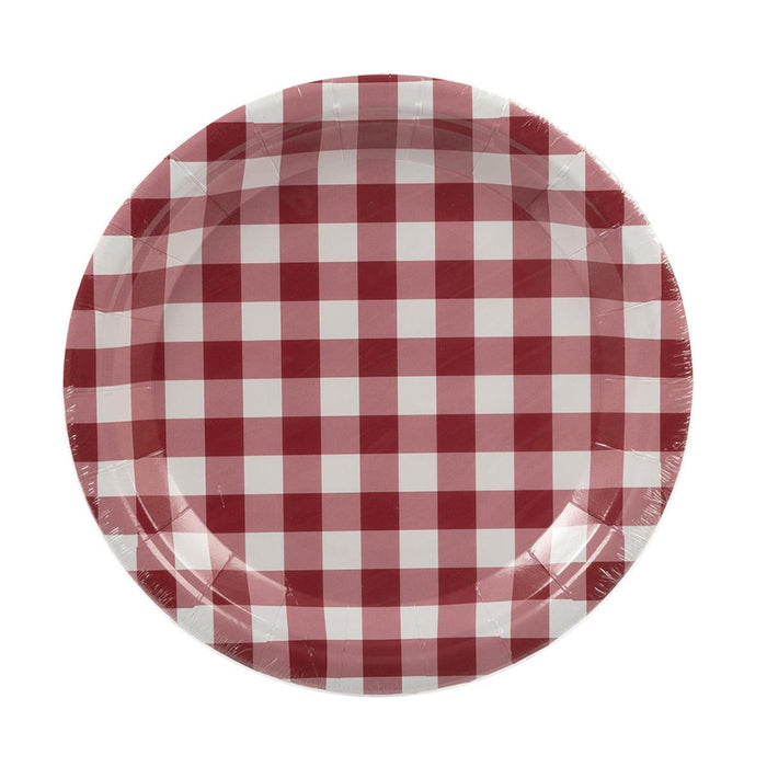Red and white checkered paper plate on a white background