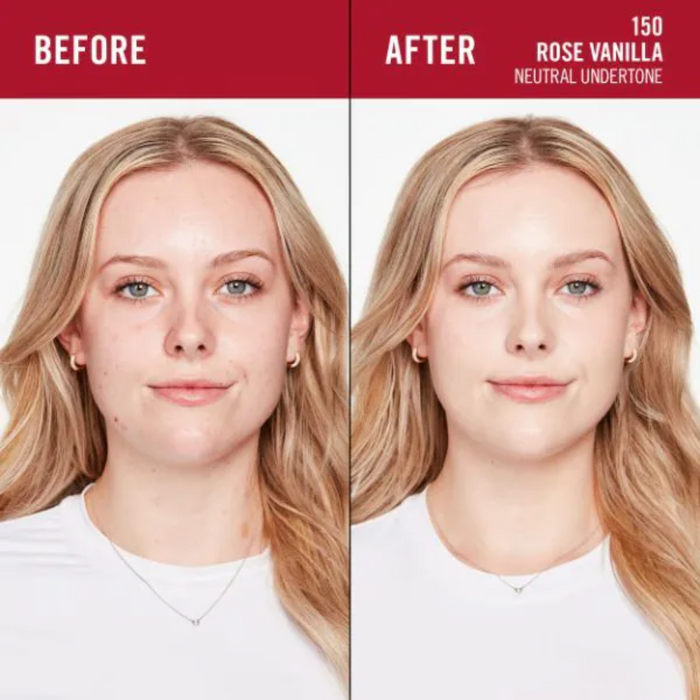 Before and after comparison of a woman's face with a neutral undertone, labeled 'Rose Vanilla' on a white background.