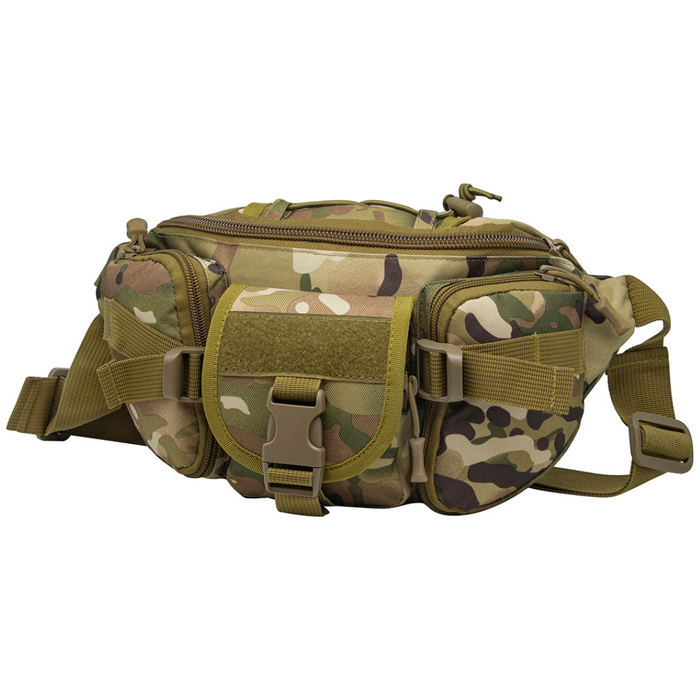 Camouflage waist bag with multiple pockets on a white background