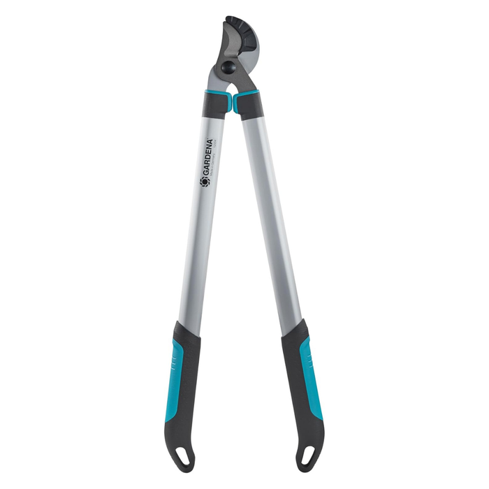 Gardening lopper tool with black and blue handles on a white background