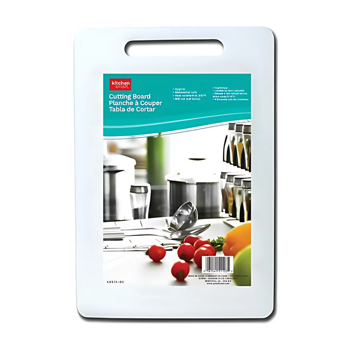 White cutting board with a handle on a white background