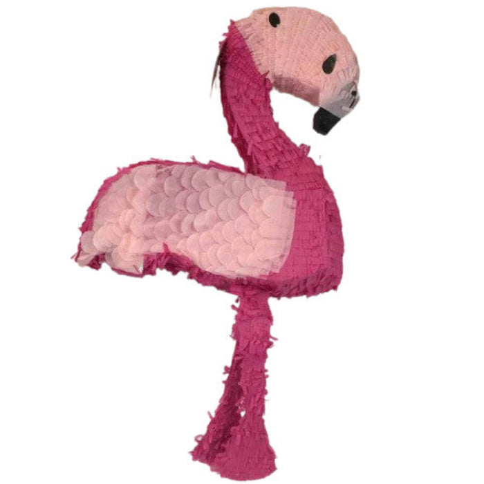 Pink flamingo piñata on a white background