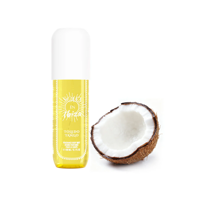 Yellow bottle with a label and a split coconut on a white background