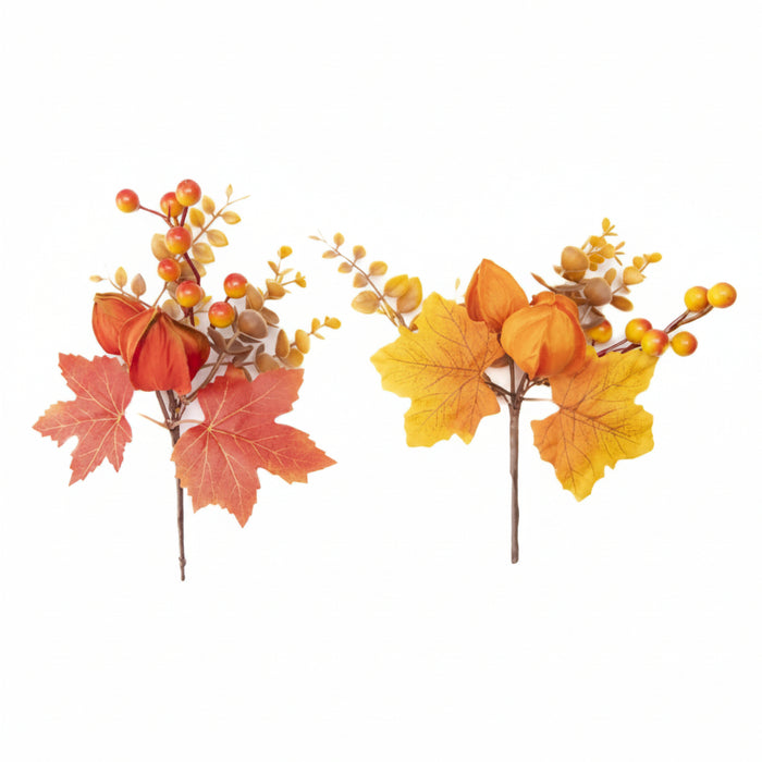Two artificial autumn branches with orange and yellow leaves, red berries, and small yellow buds on a white background.