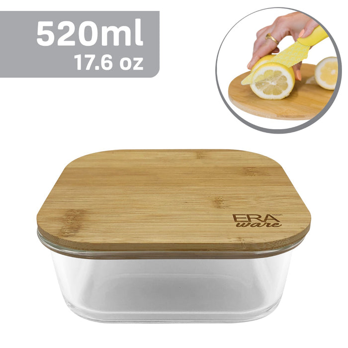 A clear glass container with a square shape and a bamboo lid. The container is labeled with 'ERAware' and a measurement of '520ml 17.