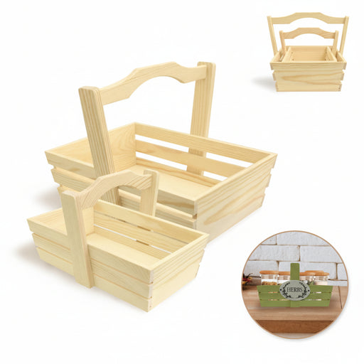 Set of wooden crates with handles on a white background