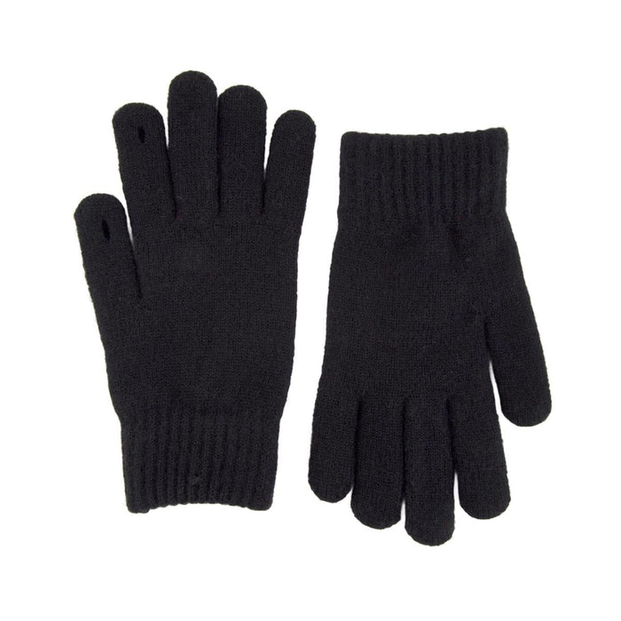 A pair of black knit gloves, one showing the back of the hand and the other showing the palm side, displayed against a plain white background.
