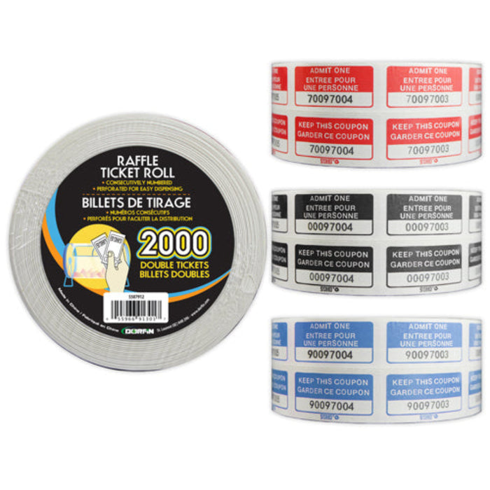 Roll of raffle tickets with labels on a white background
