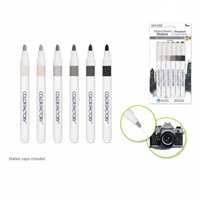 Six Alcohol-Resistant Markers from Color Factory in neutral shades, shown with their retail packaging and two circular inset graphics demonstrating the fine tip and use on a camera.