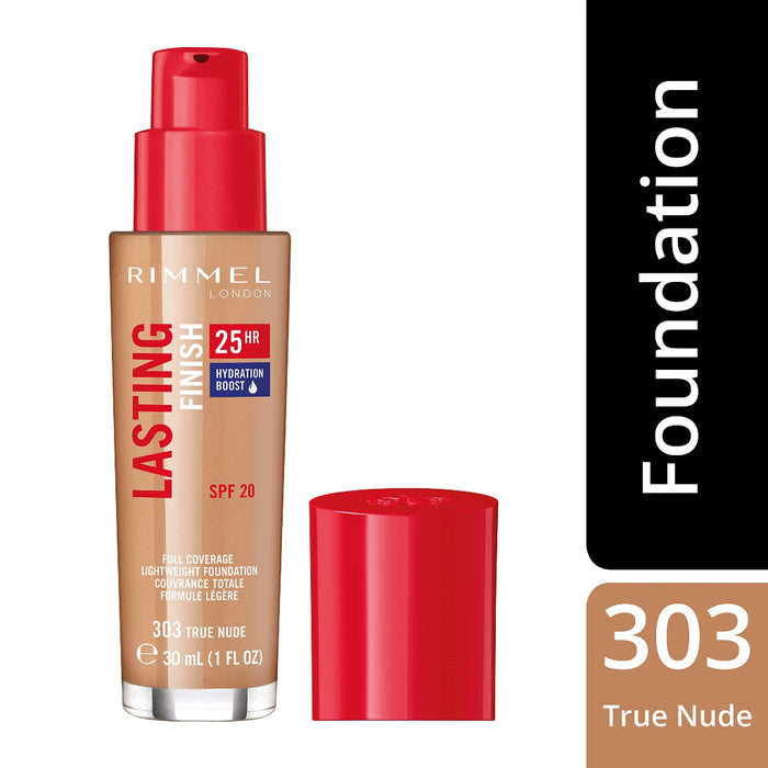 Rimmel London foundation bottle with red cap and beige body on a white background