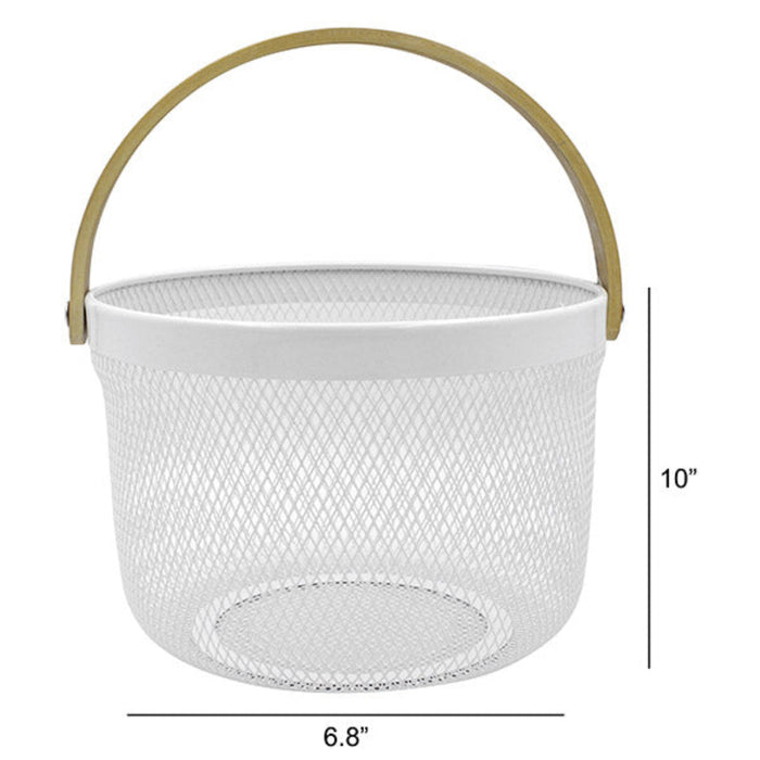 White mesh basket with a gold handle and dimensions on a white background