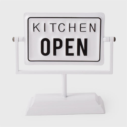 White sign with 'KITCHEN OPEN' text on a white background