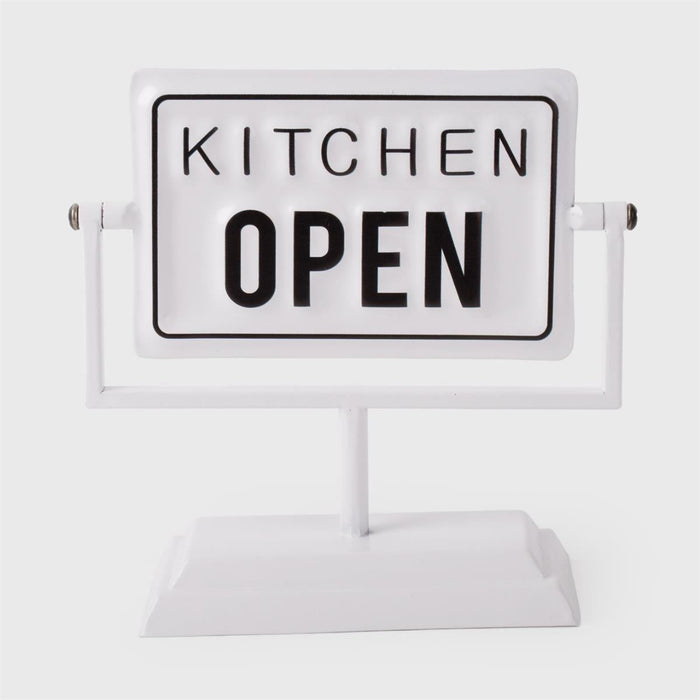 White sign with 'KITCHEN OPEN' text on a white background
