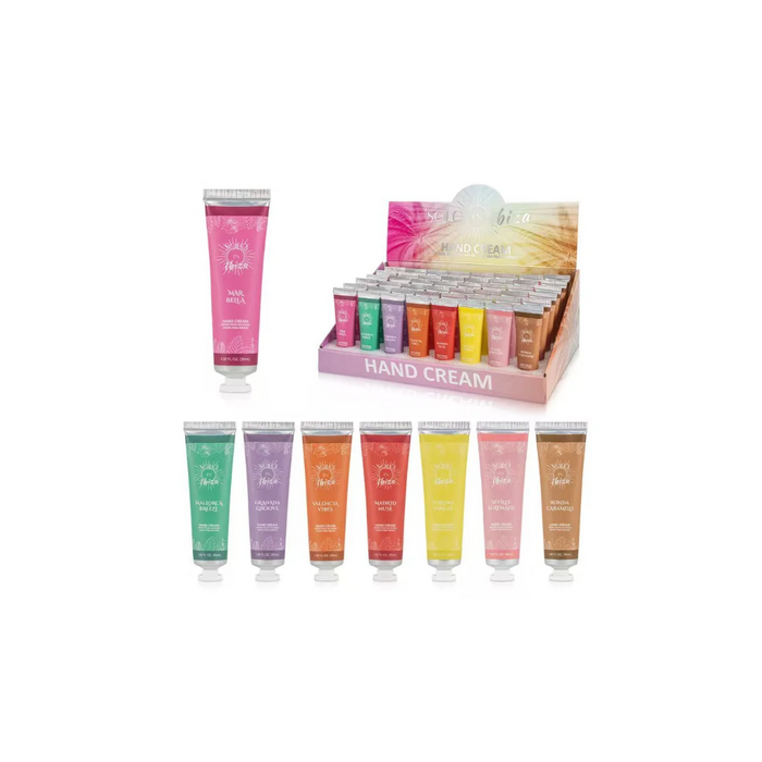 Assorted hand cream tubes in a display box on a white background
