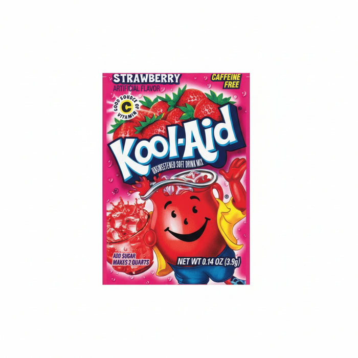 Kool-Aid strawberry drink mix packaging with a smiling red character on a pink background.