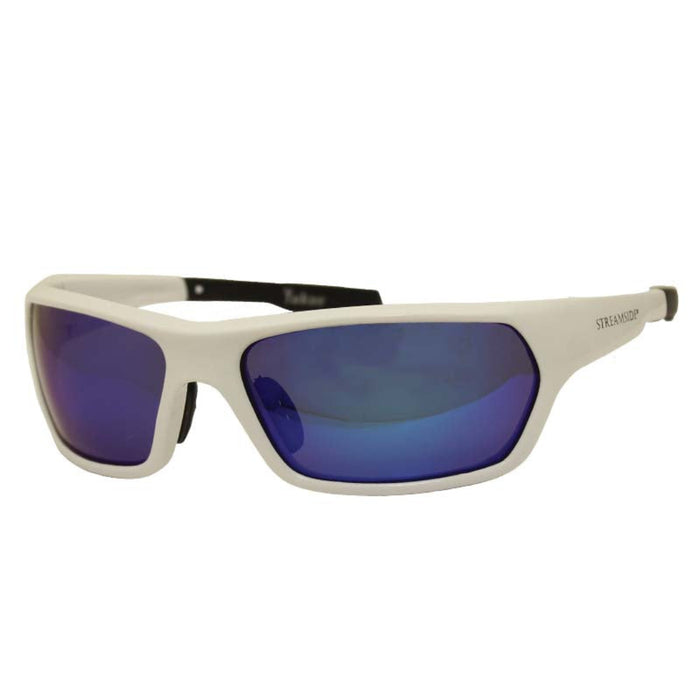 Streamside Yukon Polarized Sunglasses with white frame and Revo Blue mirrored lenses, designed for high-glare reduction and full-spectrum UV protection in outdoor environments.
