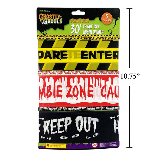 Pack of three Ghostly Ghouls Halloween tape strips with 'Dare Enter', 'Zombie Zone', and 'Keep Out' designs, shown with a height measurement of 10.75 inches.